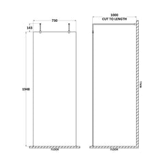 [BEAF760MB] Balterley Contemporary Bathroom 8mm Glass Wetroom Screen with Arms & Feet, Chrome Finish, 1950 x 698 x 14mm - Technical Drawing
