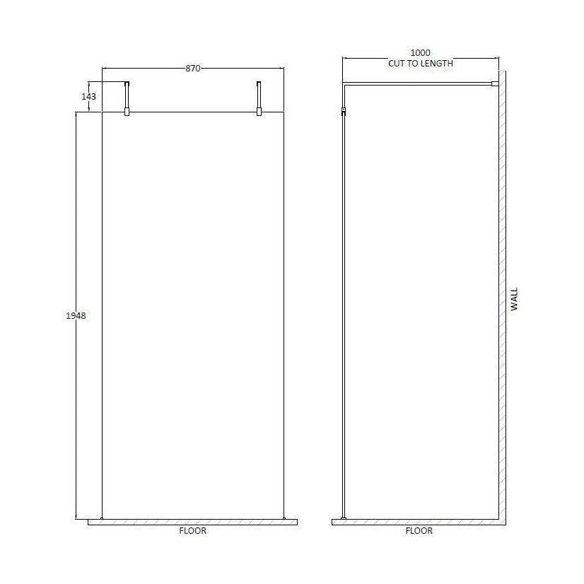 [BEAF900BB] Balterley Contemporary Bathroom 8mm Glass Wetroom Screen with Arms & Feet, Chrome Finish, 1950 x 698 x 14mm - Technical Drawing