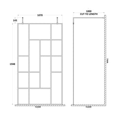 [BEAFB1100MB] Balterley Contemporary Bathroom Abstract Frame Design 8mm Glass Wetroom Screen with Arms and Feet, 1950 x 750 x 60mm, Matt Black - Technical Drawing