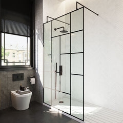 [BEAFB1200MB] Balterley Contemporary Bathroom Abstract Frame Design 8mm Glass Wetroom Screen with Arms and Feet, 1950 x 750 x 60mm, Matt Black - Lifestyle 2