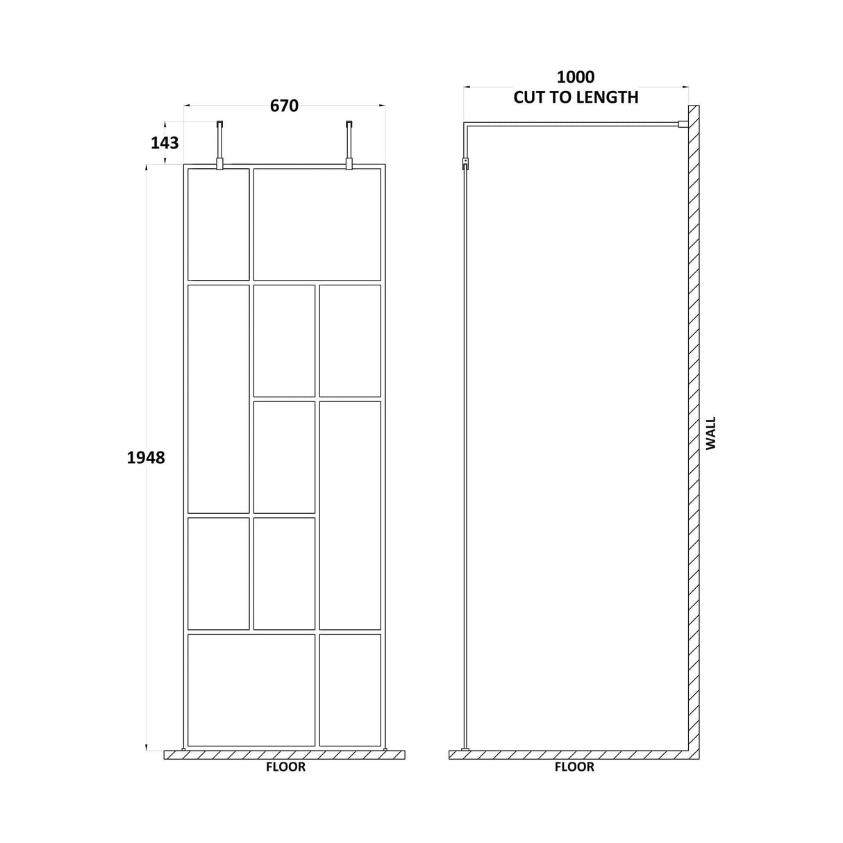 [BEAFB700MB] Balterley Contemporary Bathroom Abstract Frame Design 8mm Glass Wetroom Screen with Arms and Feet, 1950 x 750 x 60mm, Matt Black - Technical Drawing