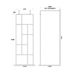 [BEAFB700MB] Balterley Contemporary Bathroom Abstract Frame Design 8mm Glass Wetroom Screen with Arms and Feet, 1950 x 750 x 60mm, Matt Black - Technical Drawing