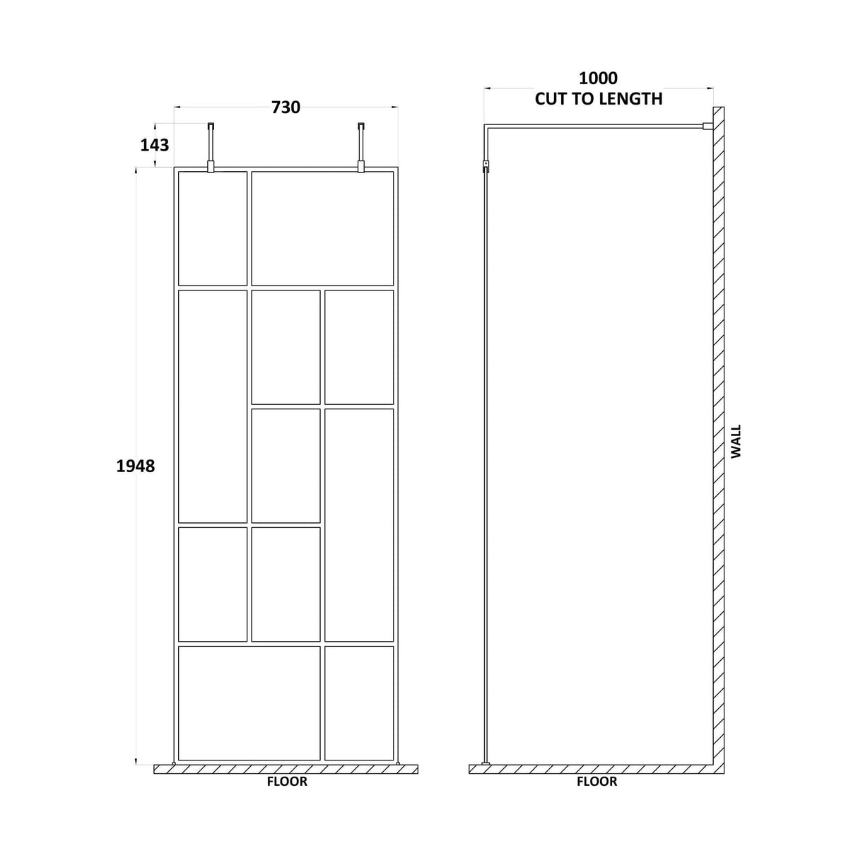 [BEAFB760MB] Balterley Contemporary Bathroom Abstract Frame Design 8mm Glass Wetroom Screen with Arms and Feet, 1950 x 750 x 60mm, Matt Black - Technical Drawing