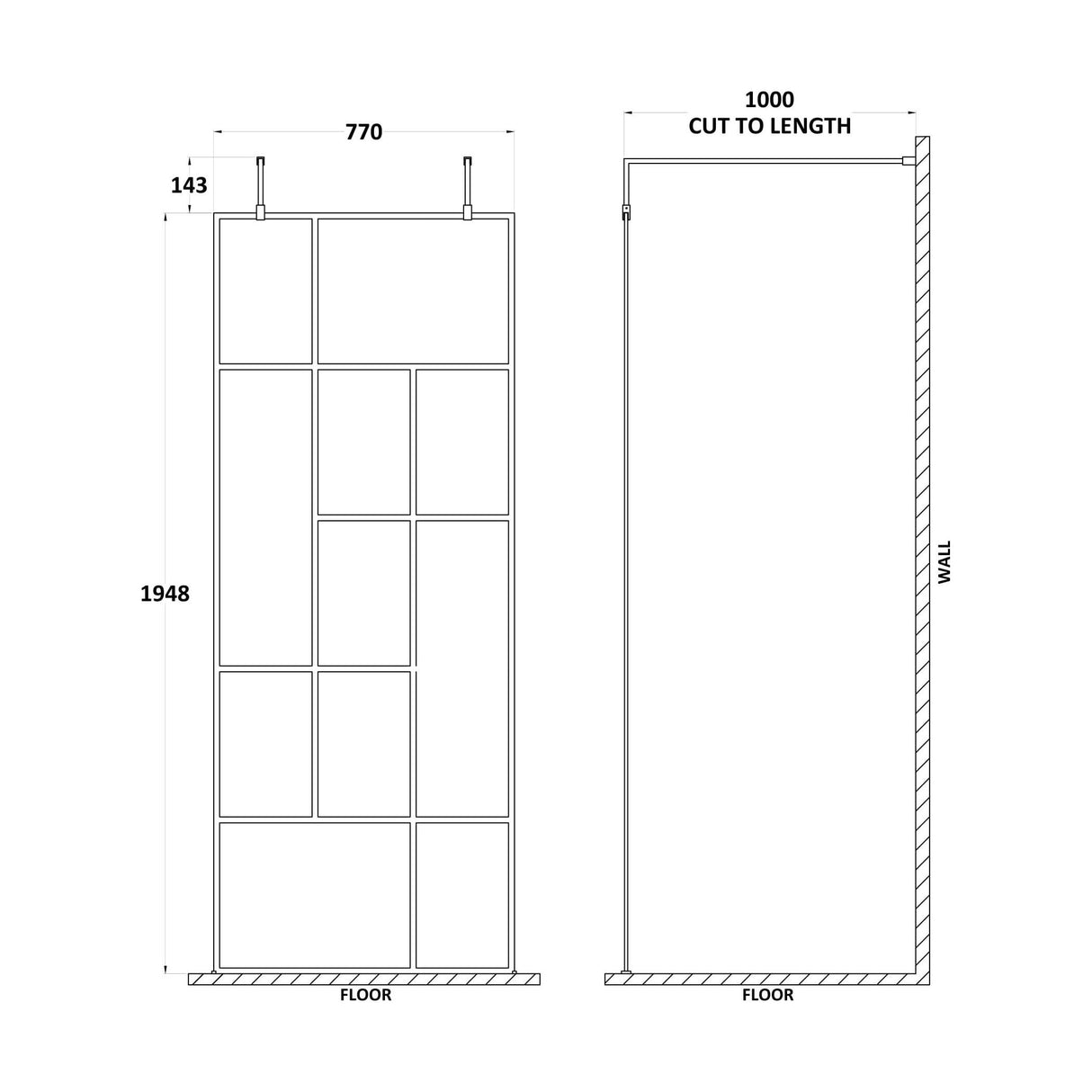 [BEAFB800MB] Balterley Contemporary Bathroom Abstract Frame Design 8mm Glass Wetroom Screen with Arms and Feet, 1950 x 750 x 60mm, Matt Black - Technical Drawing