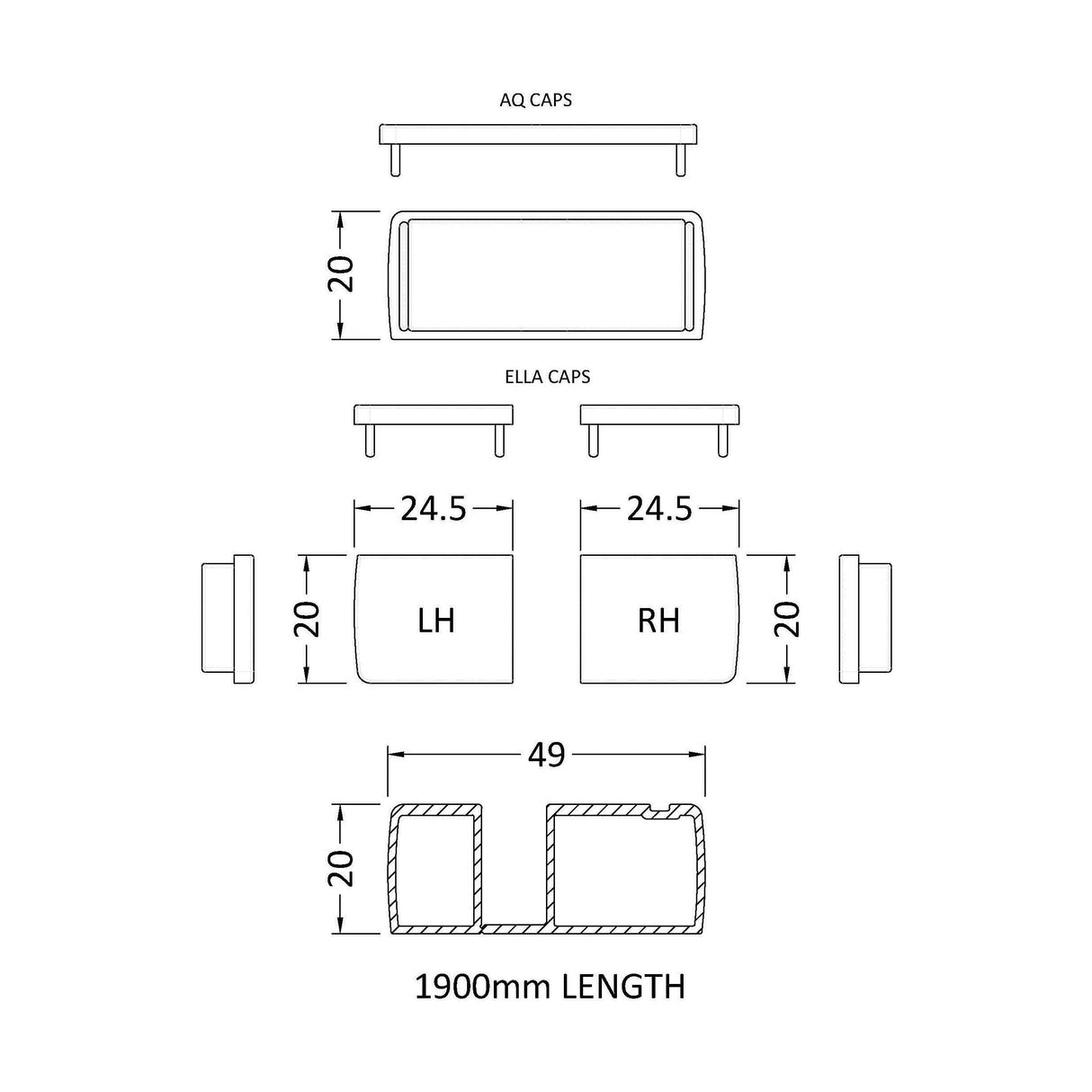 [BEBEAC190BP] 1900mm Profile Extension Kit - Technical Drawing