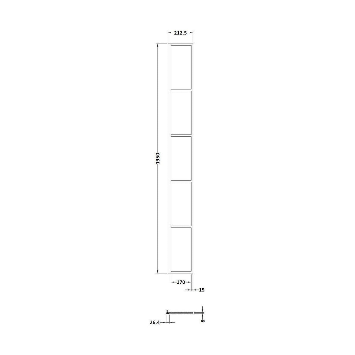 [BEBS025] Balterley Contemporary Bathroom 8mm Glass Wetroom Return Screen, Matt Black, 1950 x 213 x 28mm - Technical Drawing