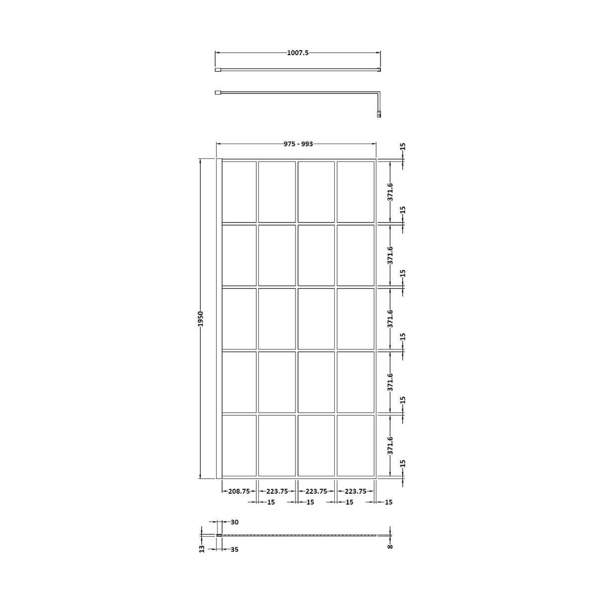 [BEBS100] Balterley 8mm Toughened Safety Glass Black Framed Wetroom Screen - 760mm - Technical Drawing