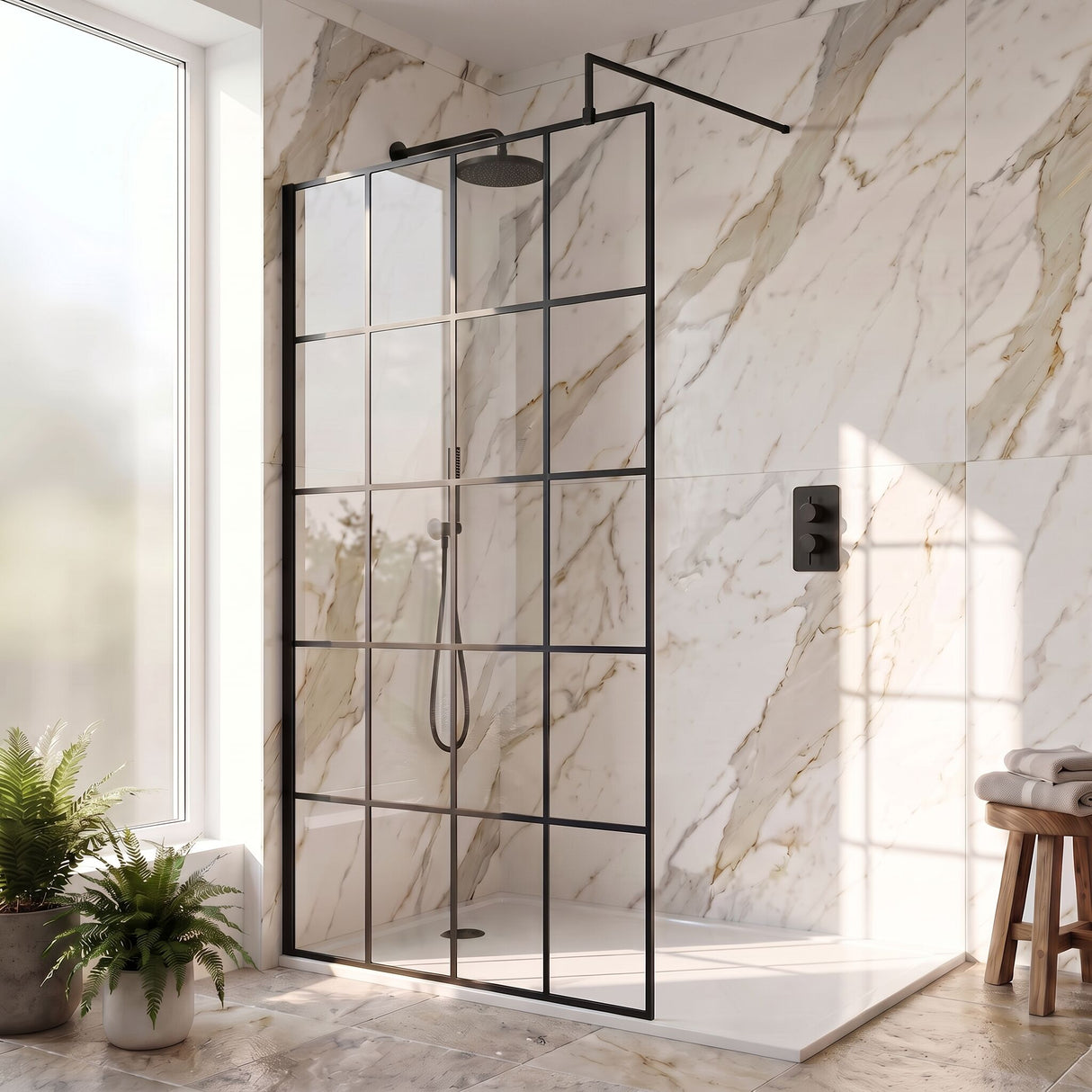[BEBS100] Balterley 8mm Toughened Safety Glass Black Framed Wetroom Screen - 760mm - Silo