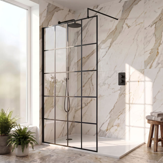 [BEBS100] Balterley 8mm Toughened Safety Glass Black Framed Wetroom Screen - 760mm - Silo