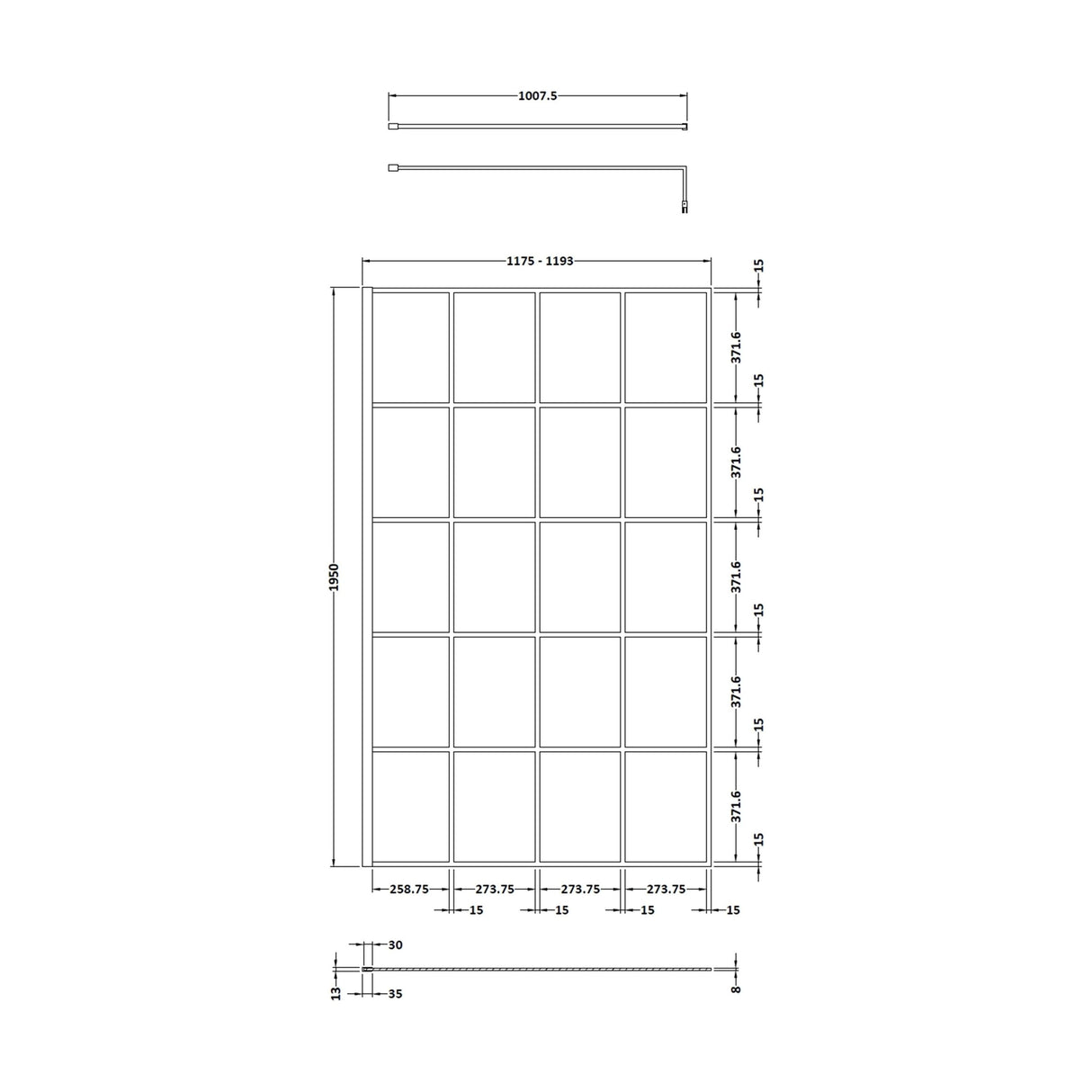 [BEBS120] Balterley 8mm Toughened Safety Glass Black Framed Wetroom Screen - 760mm - Technical Drawing