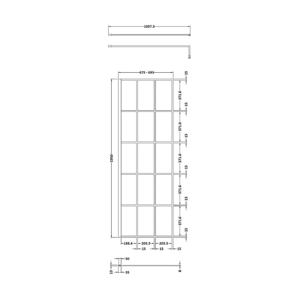 [BEBS700] Werrington 8mm Toughened Safety Glass Black Framed Wetroom Screen, H: 1950mm - Choice of Size - Technical Drawing