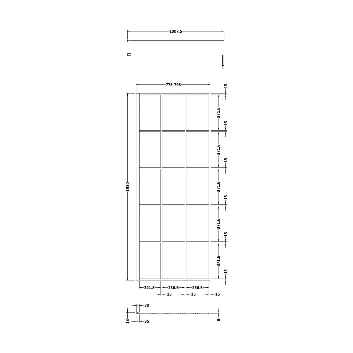 [BEBS800] Werrington 8mm Toughened Safety Glass Black Framed Wetroom Screen, H: 1950mm - Choice of Size - Technical Drawing