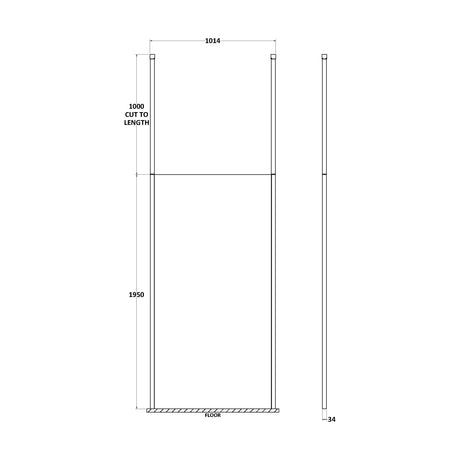 [BECP1000CP] Balterley Contemporary Bathroom 8mm Glass Profile Wetroom Screen with Ceiling Posts, Chrome, 1950 x 700 x 14mm - Technical Drawing