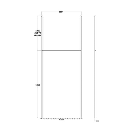 [BECP1100CP] Balterley Contemporary Bathroom 8mm Glass Profile Wetroom Screen with Ceiling Posts, Chrome, 1950 x 700 x 14mm - Technical Drawing