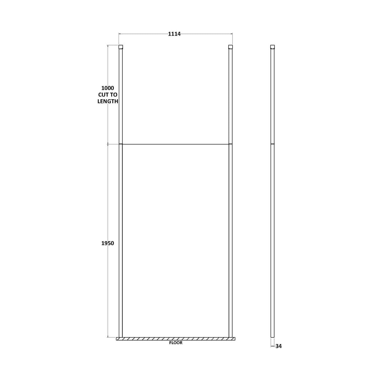 [BECP1100MB] Balterley Contemporary Bathroom 8mm Glass Profile Wetroom Screen with Ceiling Posts, Chrome, 1950 x 700 x 14mm - Technical Drawing