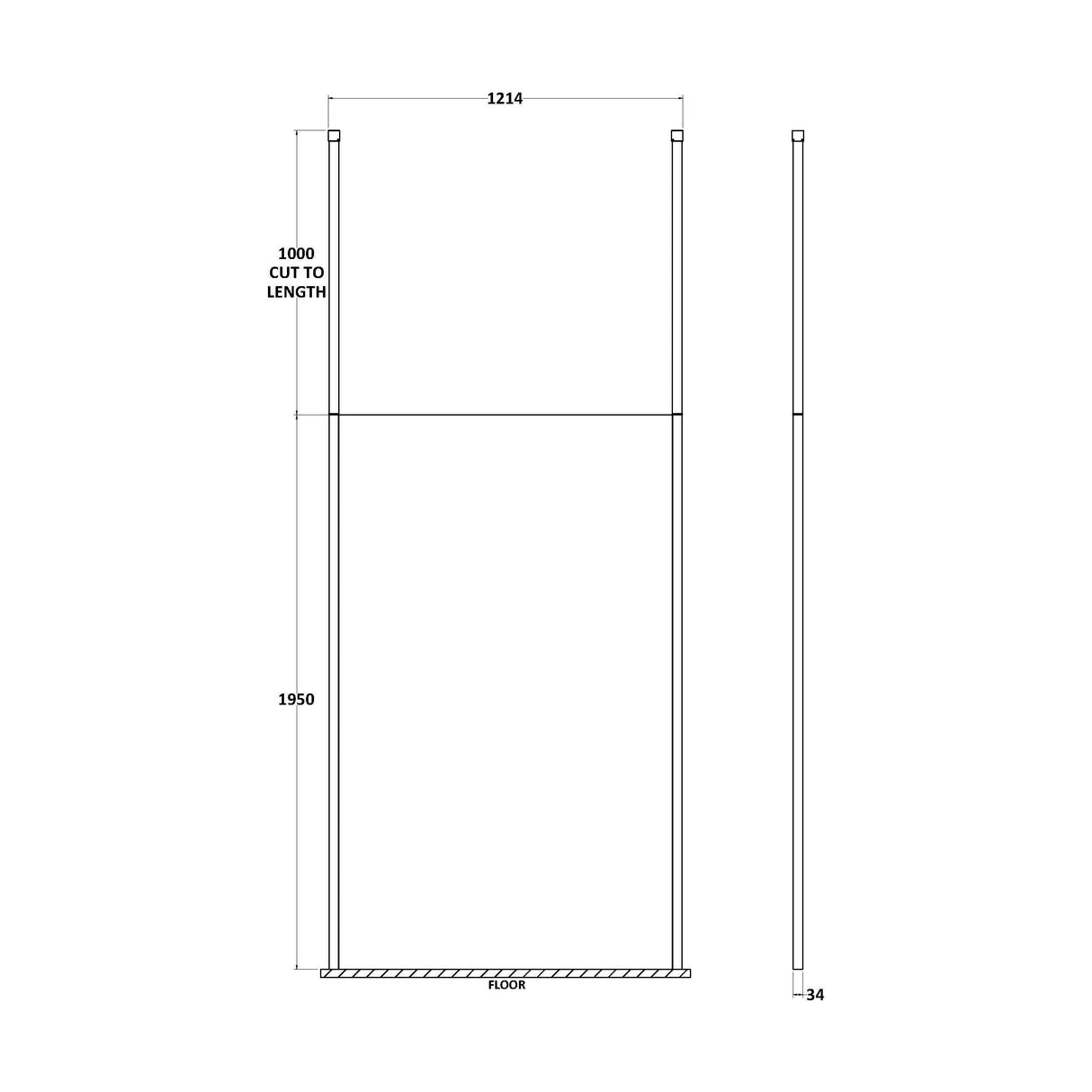 [BECP1200CP] Balterley Contemporary Bathroom 8mm Glass Profile Wetroom Screen with Ceiling Posts, Chrome, 1950 x 700 x 14mm - Technical Drawing