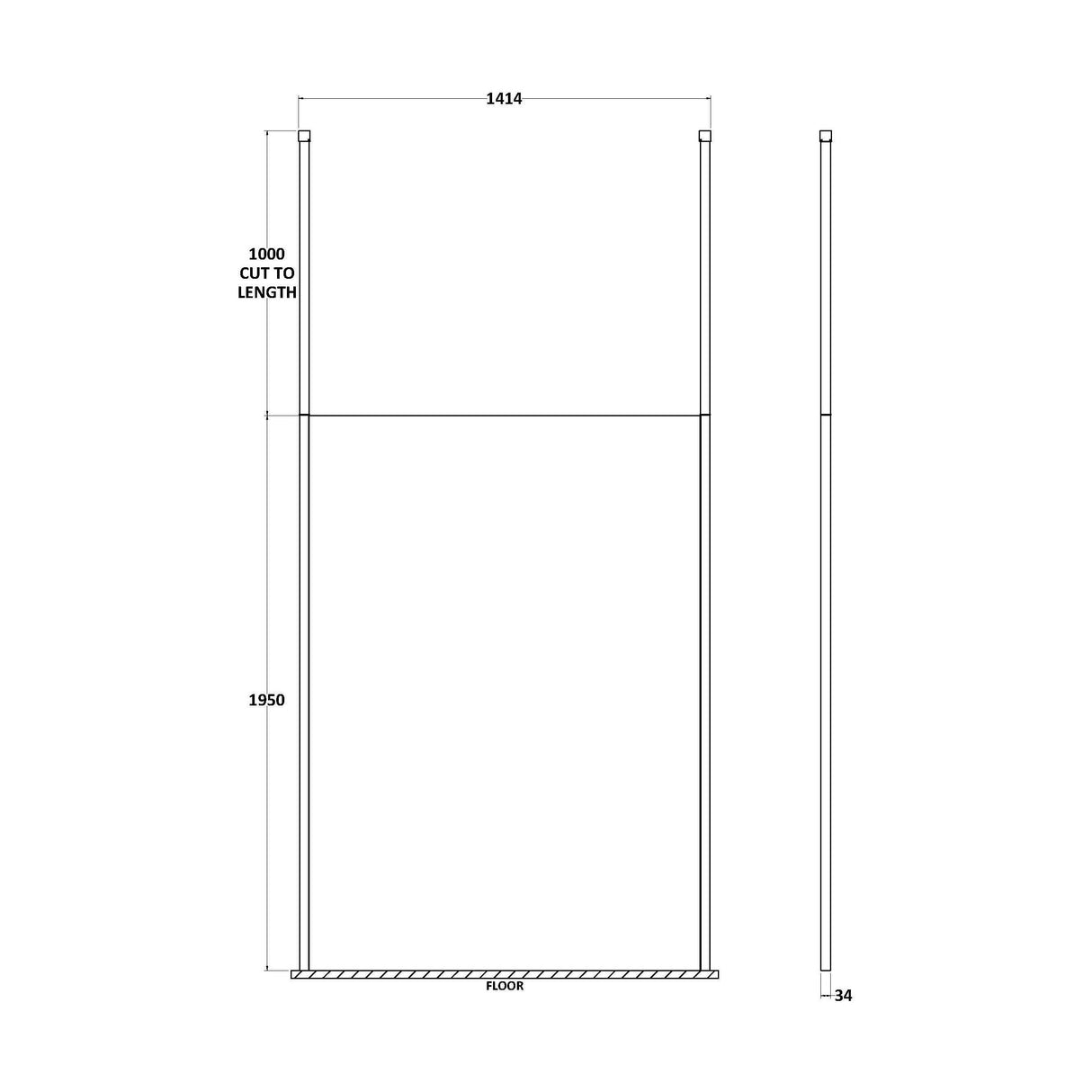 [BECP1400CP] Balterley Contemporary Bathroom 8mm Glass Profile Wetroom Screen with Ceiling Posts, Chrome, 1950 x 700 x 14mm - Technical Drawing