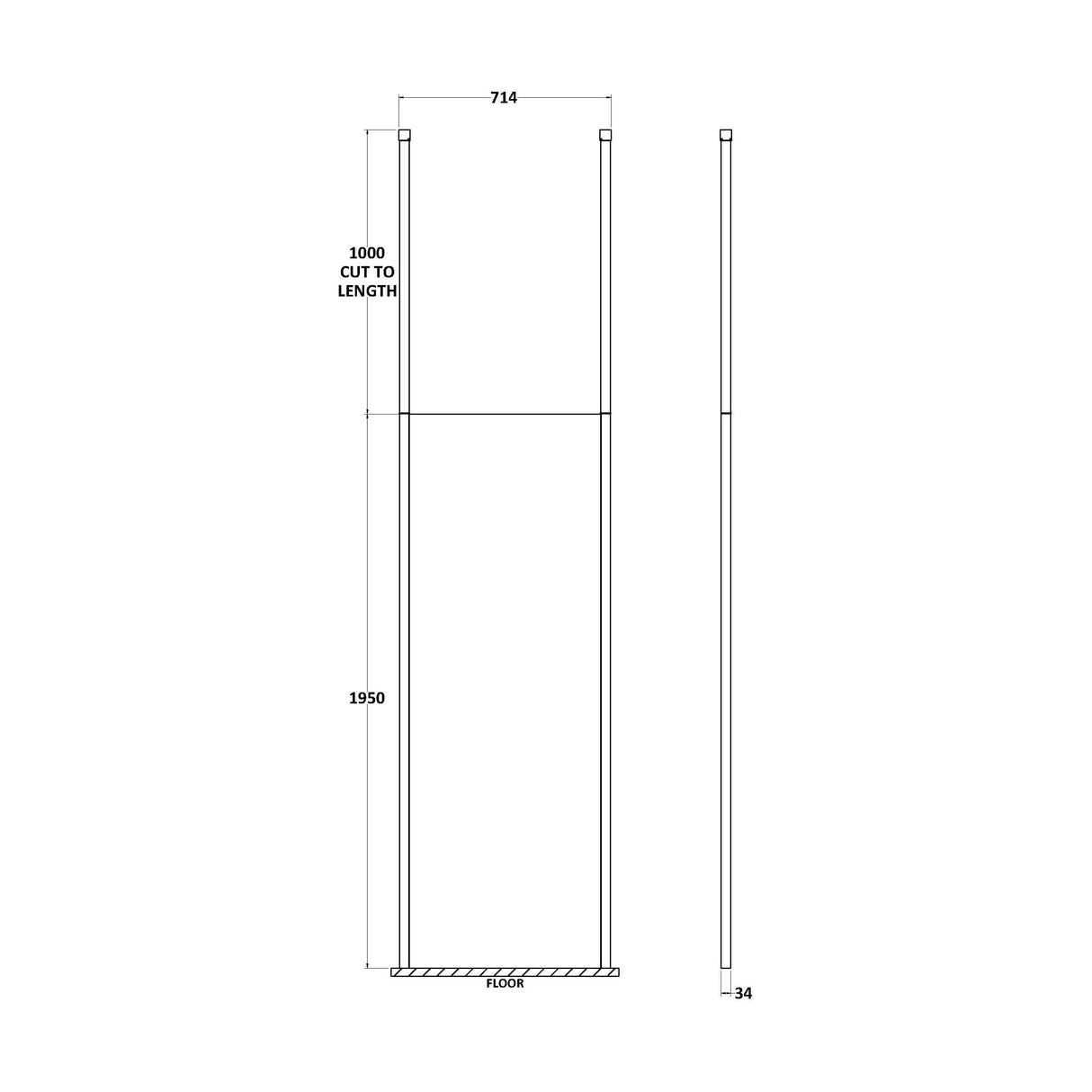 [BECP700CP] Balterley Contemporary Bathroom 8mm Glass Profile Wetroom Screen with Ceiling Posts, Chrome, 1950 x 700 x 14mm - Technical Drawing