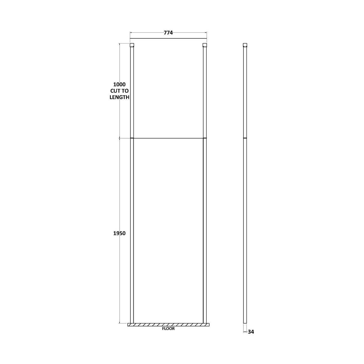 [BECP760MB] Balterley Contemporary Bathroom 8mm Glass Profile Wetroom Screen with Ceiling Posts, Chrome, 1950 x 700 x 14mm - Technical Drawing