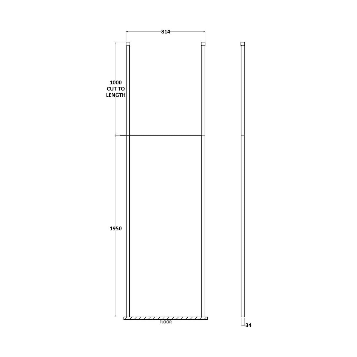 [BECP800CP] Balterley Contemporary Bathroom 8mm Glass Profile Wetroom Screen with Ceiling Posts, Chrome, 1950 x 700 x 14mm - Technical Drawing