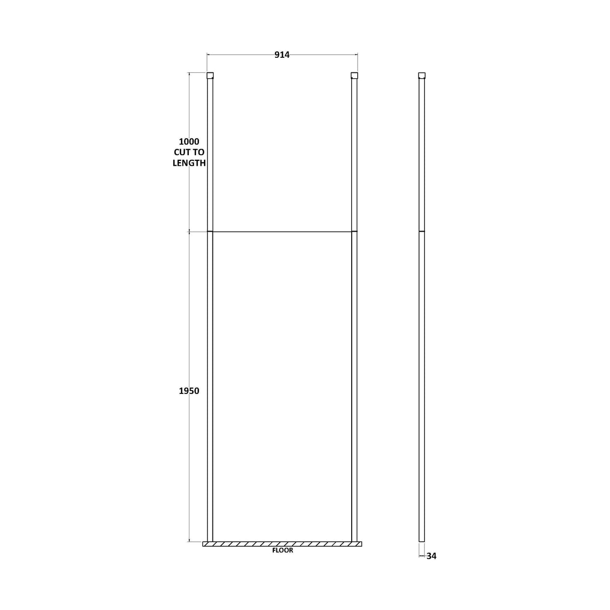 [BECP900CP] Balterley Contemporary Bathroom 8mm Glass Profile Wetroom Screen with Ceiling Posts, Chrome, 1950 x 700 x 14mm - Technical Drawing