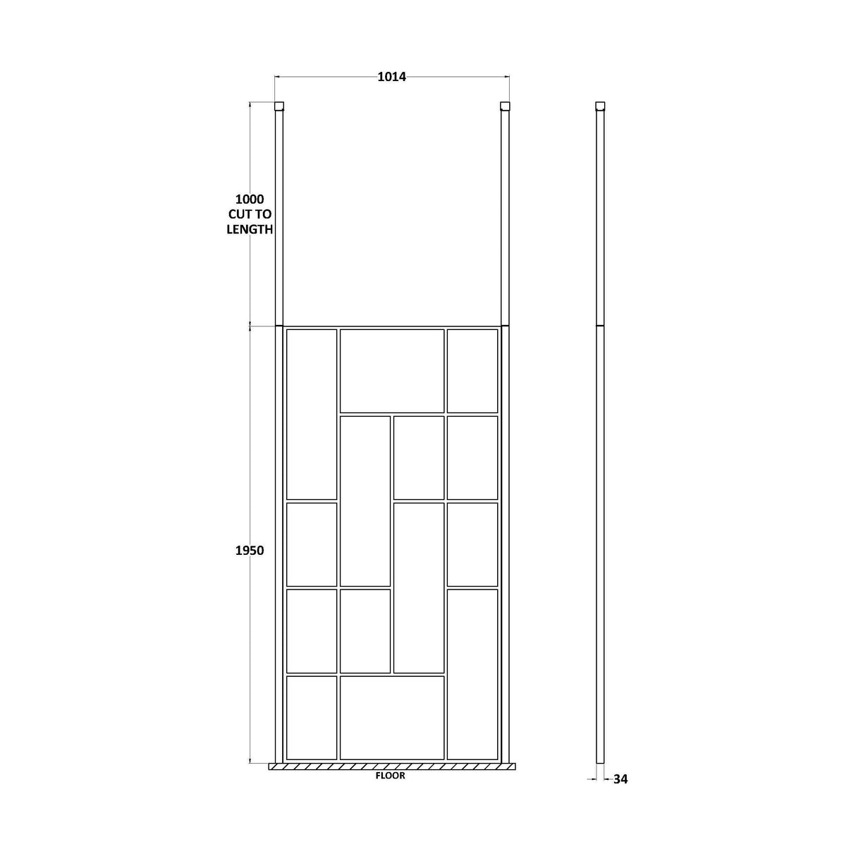 [BECPB1000MB] Balterley Contemporary Bathroom Abstract Frame Design 8mm Glass Wetroom Screen with Ceiling Posts, 1950 x 750 x 60mm, Matt Black - Technical Drawing