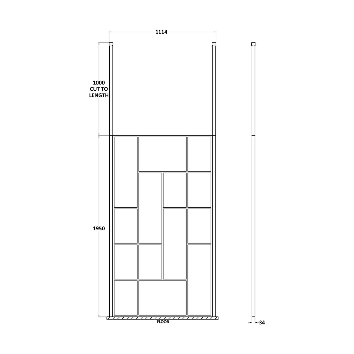 [BECPB1100MB] Balterley Contemporary Bathroom Abstract Frame Design 8mm Glass Wetroom Screen with Ceiling Posts, 1950 x 750 x 60mm, Matt Black - Technical Drawing