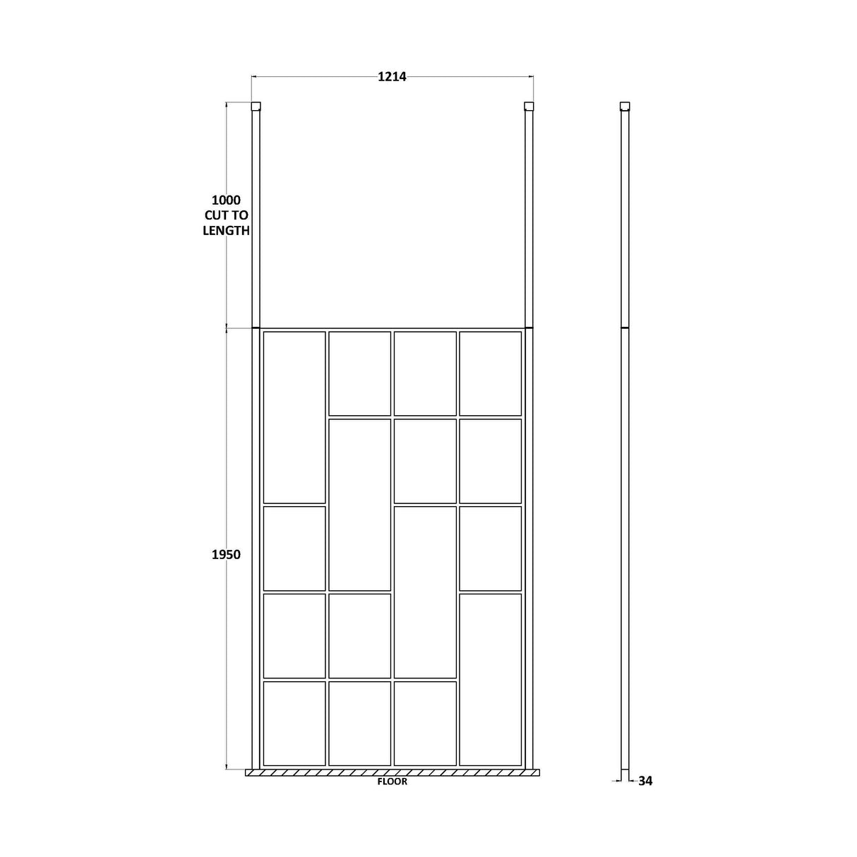 [BECPB1200MB] Balterley Contemporary Bathroom Abstract Frame Design 8mm Glass Wetroom Screen with Ceiling Posts, 1950 x 750 x 60mm, Matt Black - Technical Drawing