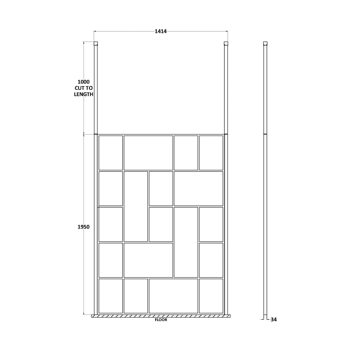 [BECPB1400MB] Balterley Contemporary Bathroom Abstract Frame Design 8mm Glass Wetroom Screen with Ceiling Posts, 1950 x 750 x 60mm, Matt Black - Technical Drawing