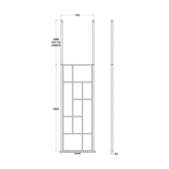 [BECPB700MB] Balterley Contemporary Bathroom Abstract Frame Design 8mm Glass Wetroom Screen with Ceiling Posts, 1950 x 750 x 60mm, Matt Black - Technical Drawing