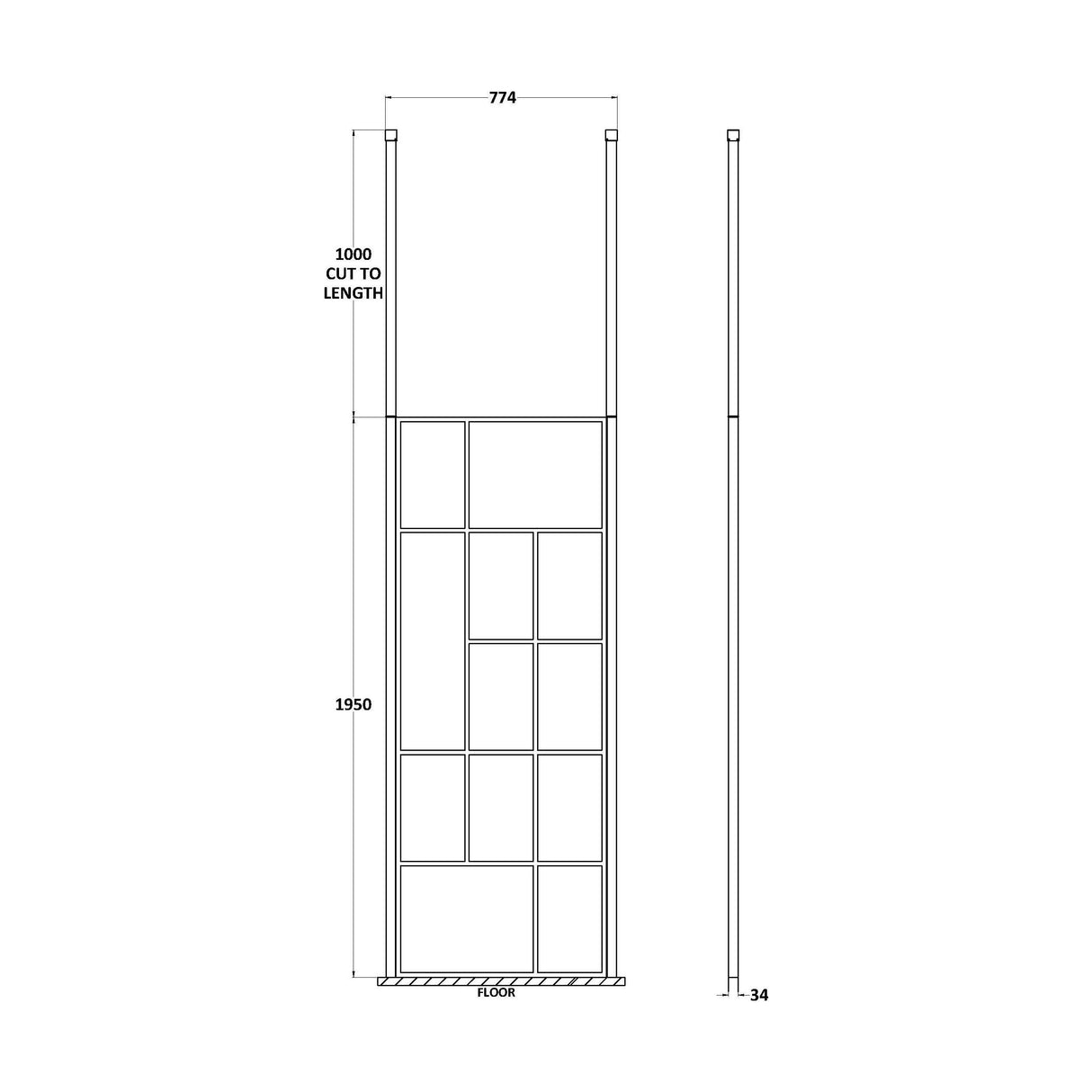 [BECPB760MB] Balterley Contemporary Bathroom Abstract Frame Design 8mm Glass Wetroom Screen with Ceiling Posts, 1950 x 750 x 60mm, Matt Black - Technical Drawing
