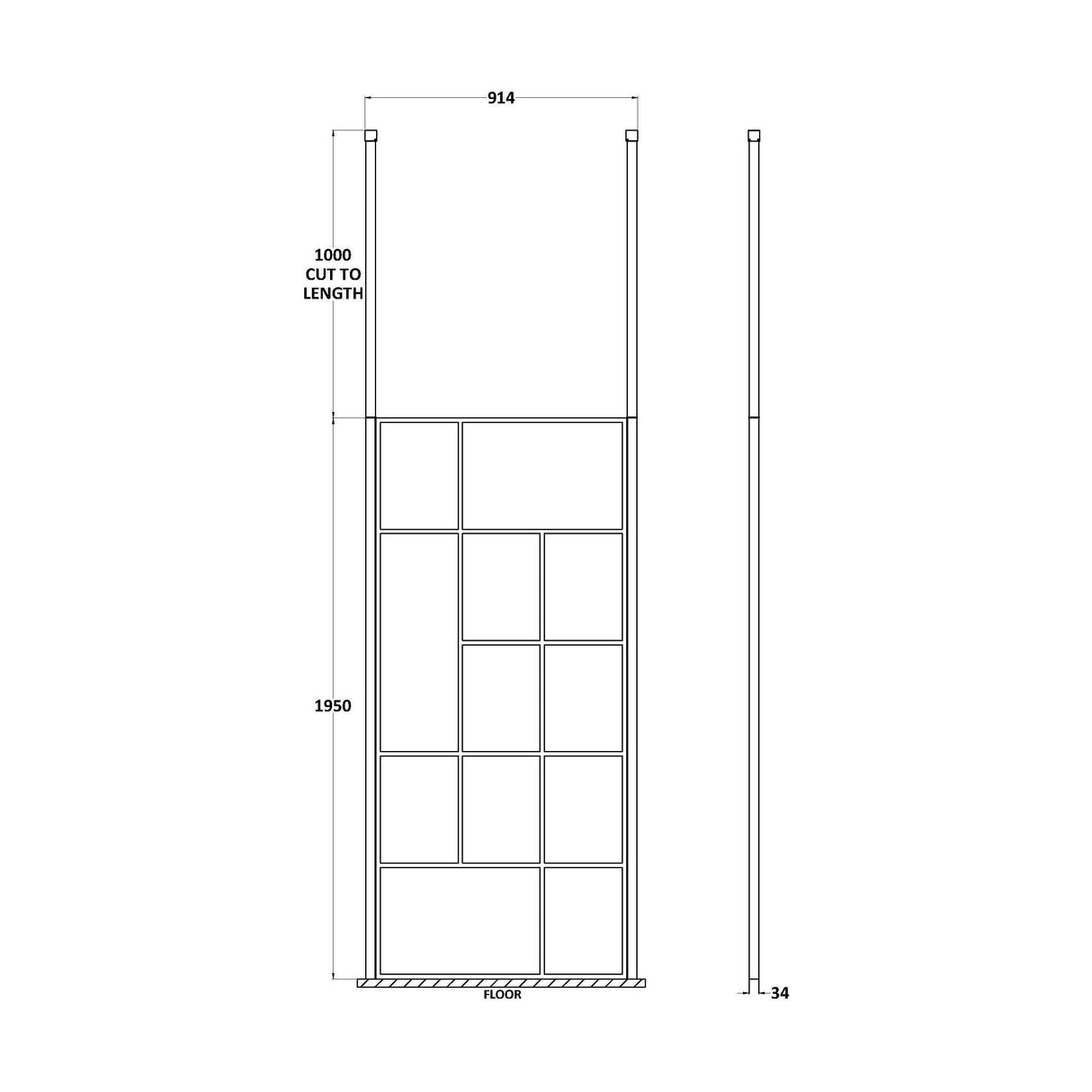 [BECPB900MB] Balterley Contemporary Bathroom Abstract Frame Design 8mm Glass Wetroom Screen with Ceiling Posts, 1950 x 750 x 60mm, Matt Black - Technical Drawing