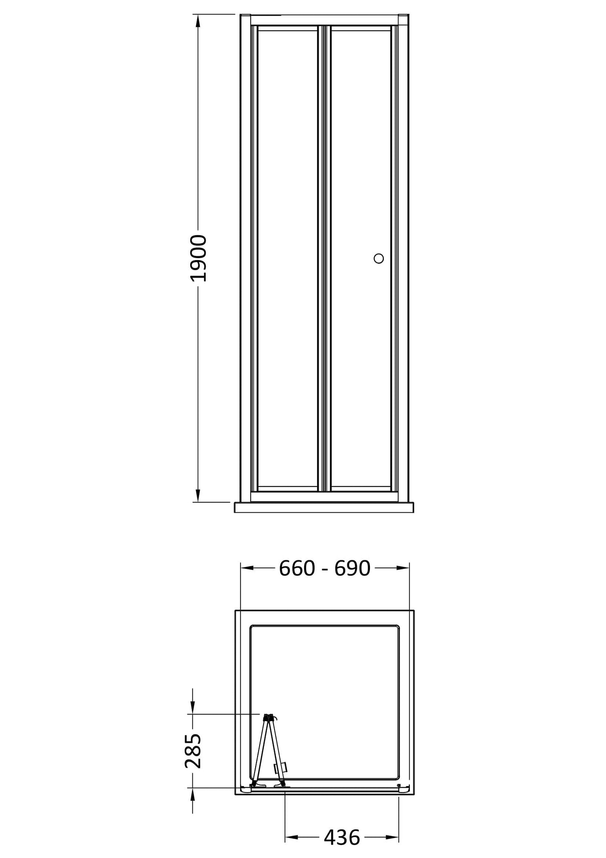 [BEETBD70BB] Almington 4mm Toughened Safety Glass Bi-Fold Shower Door, H: 1900mm, Choice of Size and Colour - Line Drawing