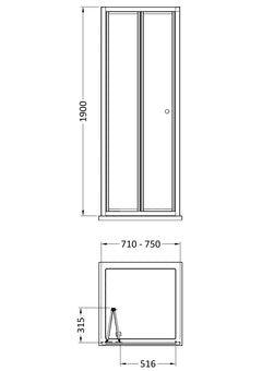 [BEETBD76BB] Almington 4mm Toughened Safety Glass Bi-Fold Shower Door, H: 1900mm, Choice of Size and Colour - Line Drawing