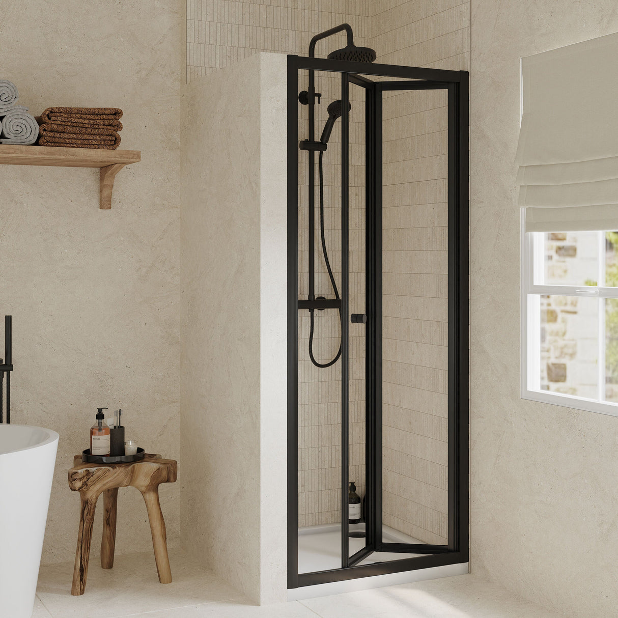 [BEETBD76BP] Almington 4mm Toughened Safety Glass Bi-Fold Shower Door, H: 1900mm, Choice of Size and Colour - Lifestyle 1