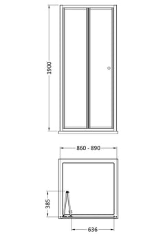 [BEETBD90BB] Almington 4mm Toughened Safety Glass Bi-Fold Shower Door, H: 1900mm, Choice of Size and Colour - Line Drawing