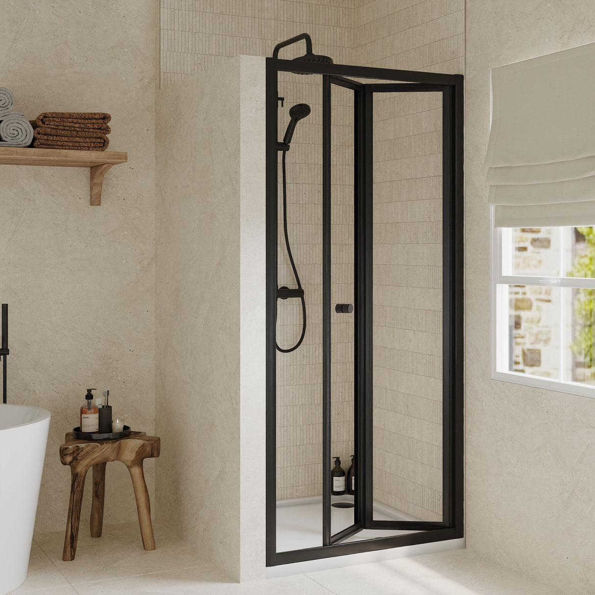 [BEETBD90BP] Almington 4mm Toughened Safety Glass Bi-Fold Shower Door, H: 1900mm, Choice of Size and Colour - Lifestyle 1