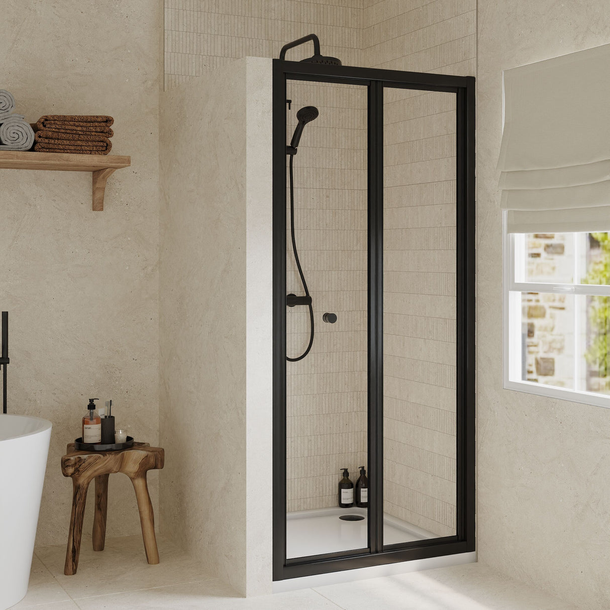 [BEETBD90BP] Almington 4mm Toughened Safety Glass Bi-Fold Shower Door, H: 1900mm, Choice of Size and Colour - Lifestyle 2
