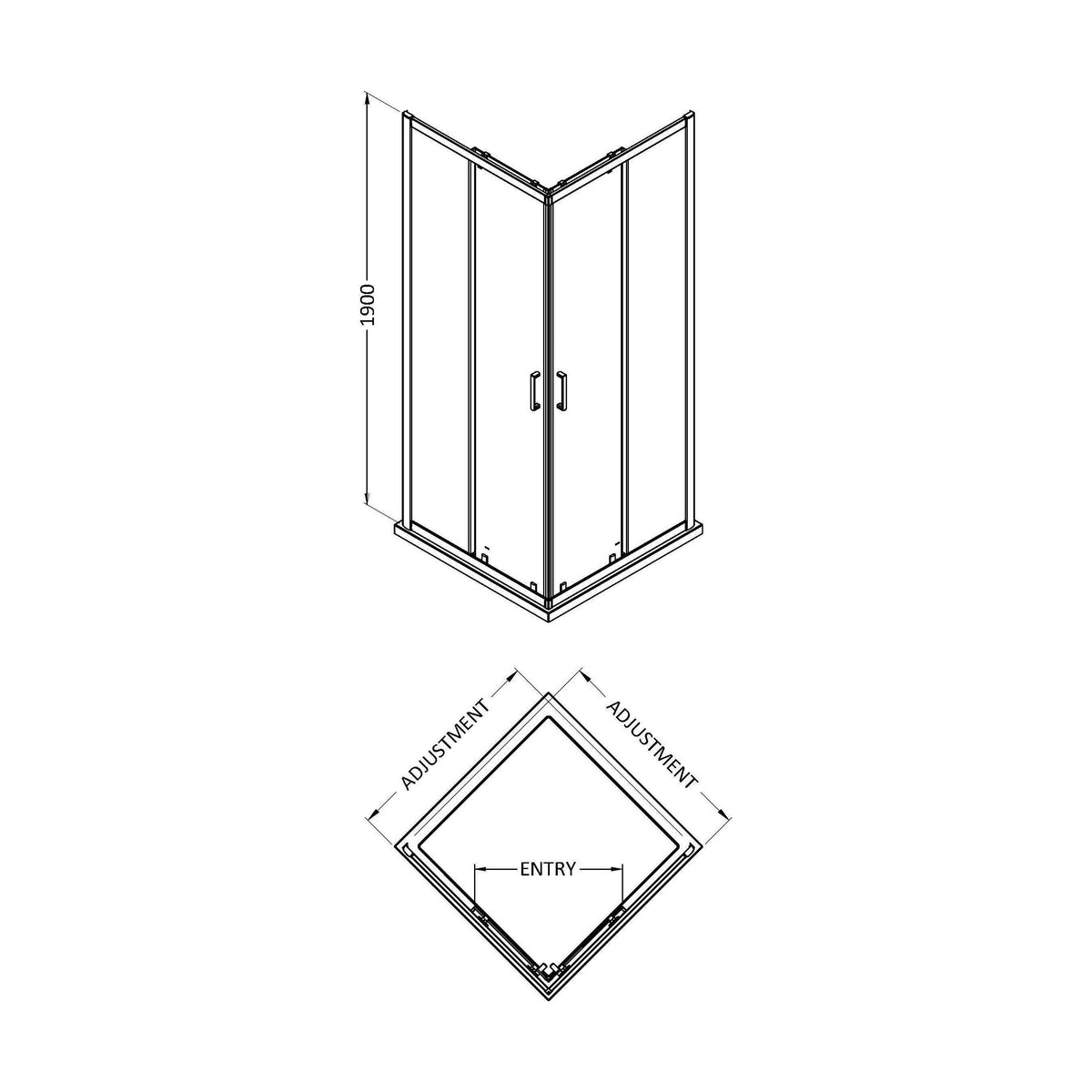 [BEETCE90] Corner Entry Shower Enclosure, H: 1900mm, Chrome - Choice of Size - Technical Drawing