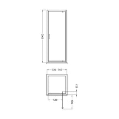 [BEETPD76BP] Almington 6mm Toughened Safety Glass Reversible Pivot Shower Door - H: 1900mm - Choice of Size and Profile Finish - Technical Drawing