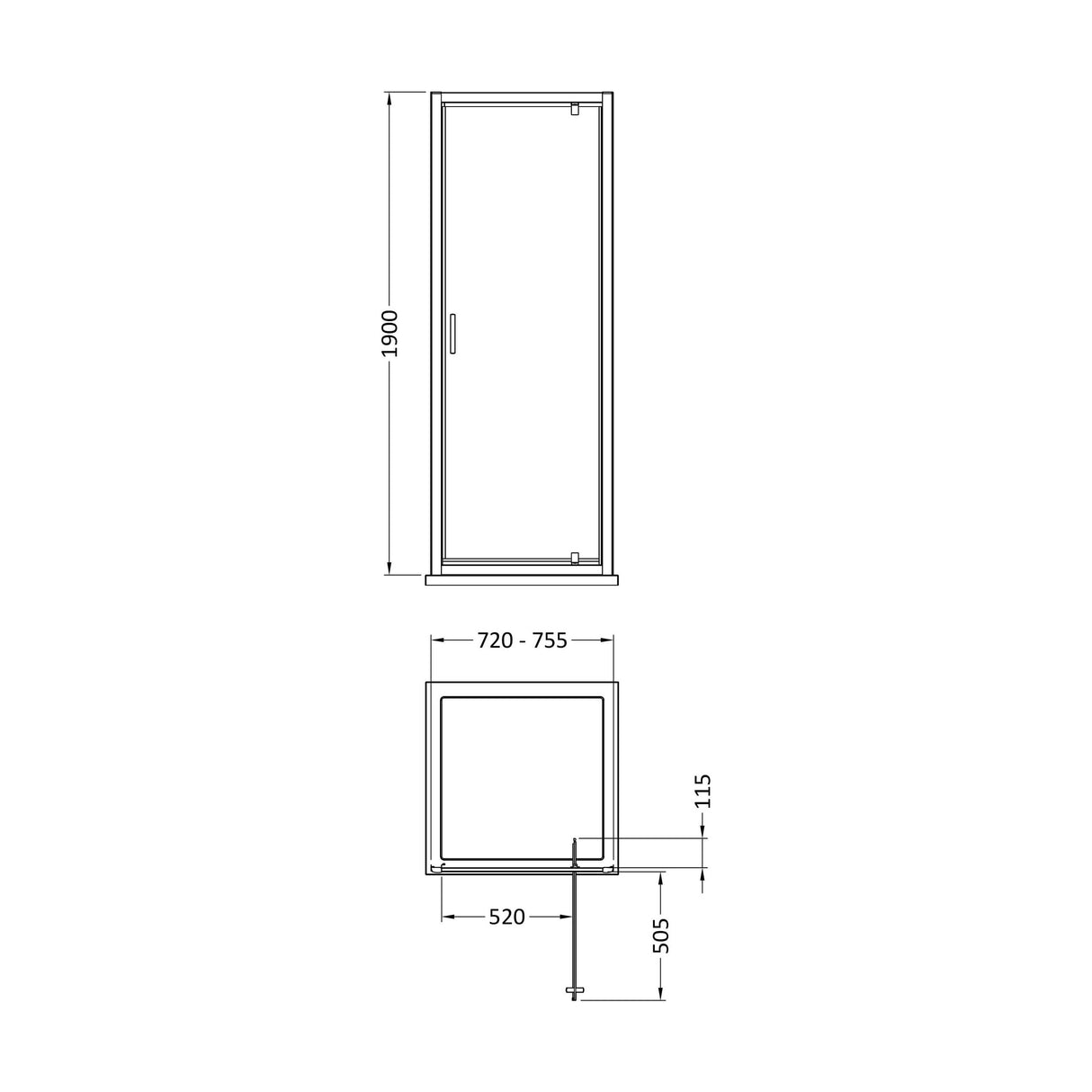 [BEETPD76] Almington 6mm Toughened Safety Glass Reversible Pivot Shower Door - H: 1900mm - Choice of Size and Profile Finish - Technical Drawing