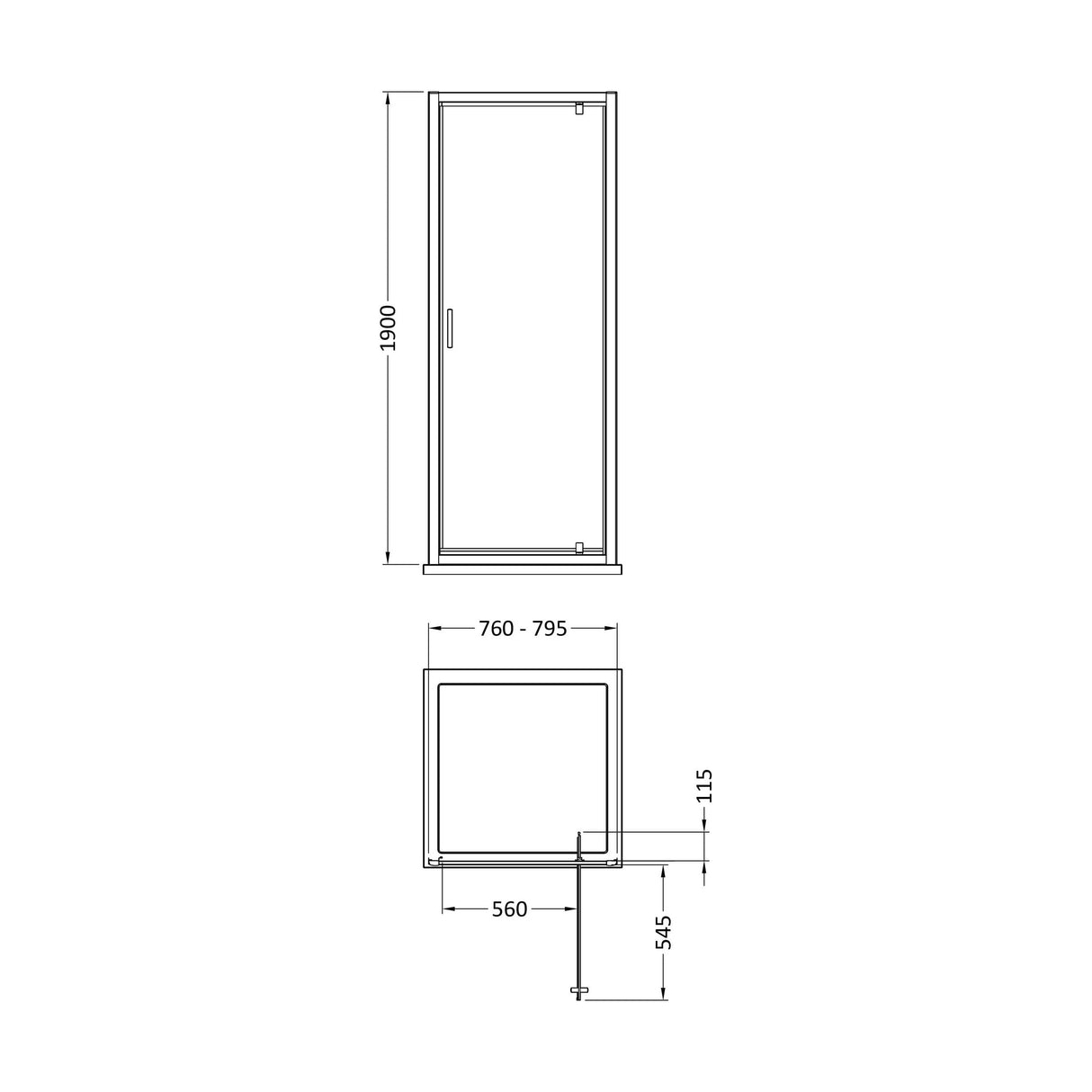 [BEETPD80] Almington 6mm Toughened Safety Glass Reversible Pivot Shower Door - H: 1900mm - Choice of Size and Profile Finish - Technical Drawing