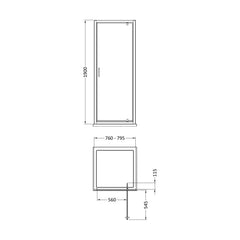[BEETPD80] Almington 6mm Toughened Safety Glass Reversible Pivot Shower Door - H: 1900mm - Choice of Size and Profile Finish - Technical Drawing