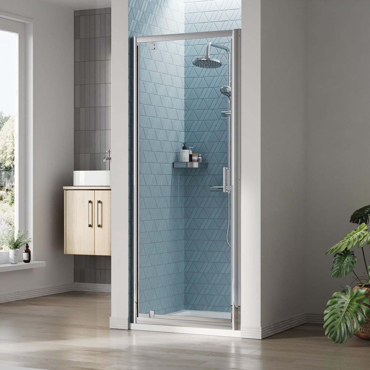 [BEETPD80] Almington 6mm Toughened Safety Glass Reversible Pivot Shower Door - H: 1900mm - Choice of Size and Profile Finish - Lifestyle 1