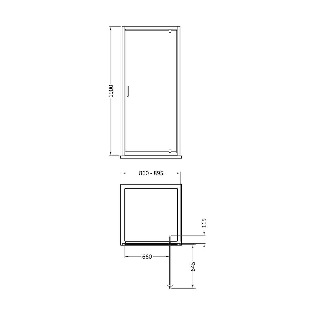 [BEETPD90BB] Almington 6mm Toughened Safety Glass Reversible Pivot Shower Door - H: 1900mm - Choice of Size and Profile Finish - Technical Drawing
