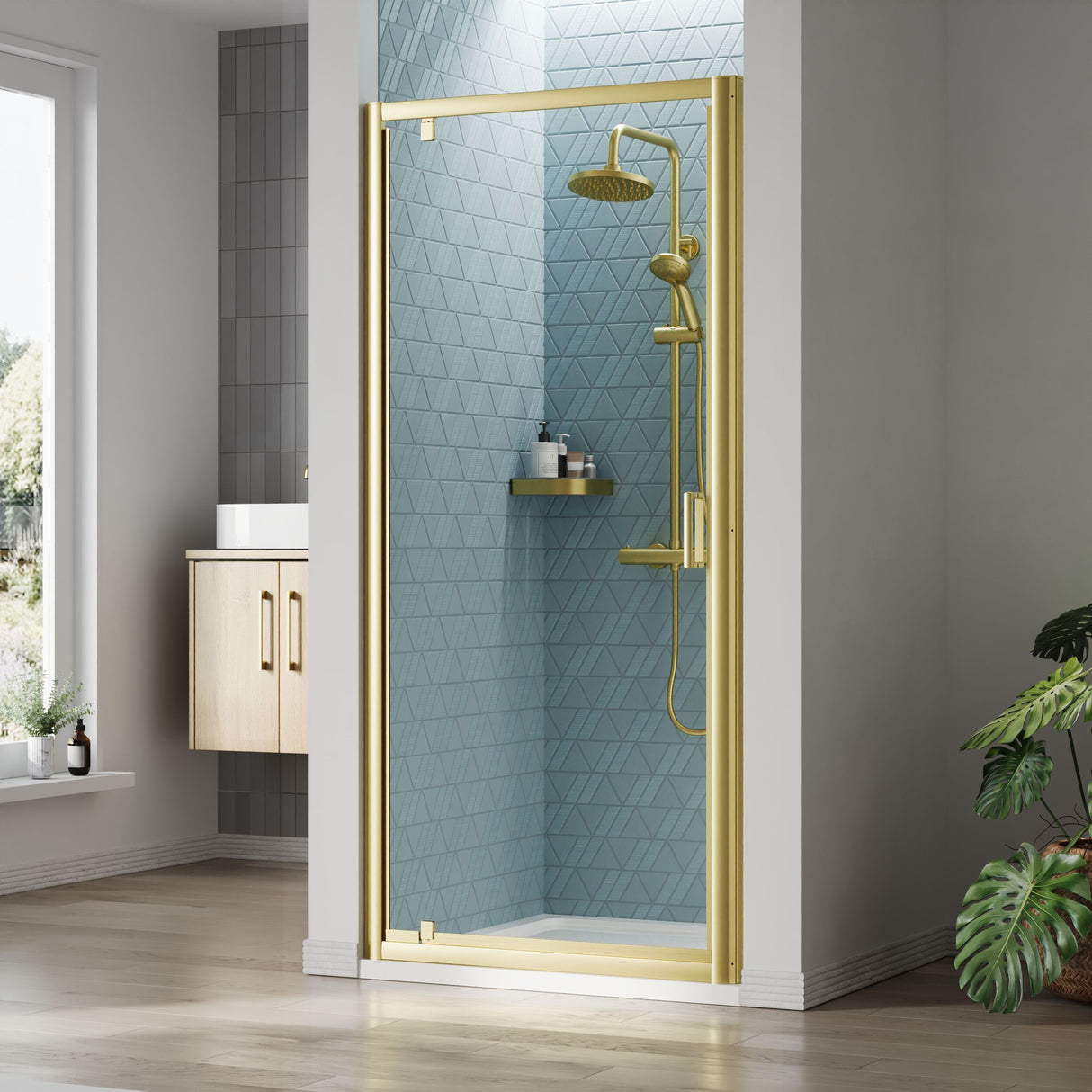 [BEETPD90BB] Almington 6mm Toughened Safety Glass Reversible Pivot Shower Door - H: 1900mm - Choice of Size and Profile Finish - Lifestyle 1