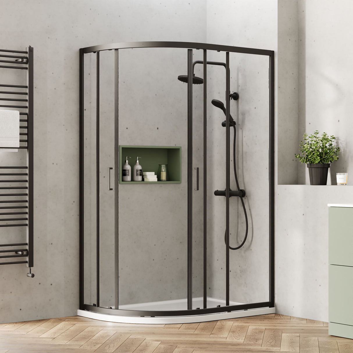 [BEETQ128BP] Almington 6mm Toughened Safety Glass Offset Quadrant Shower Enclosure - H: 1900mm - Choice of Profile Finish - Lifestyle 2