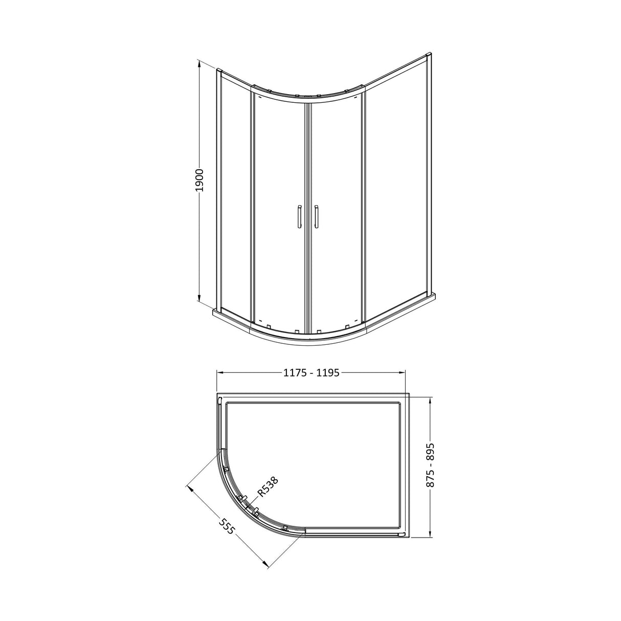 [BEETQ129BB] Almington 6mm Toughened Safety Glass Offset Quadrant Shower Enclosure - H: 1900mm - Choice of Profile Finish - Technical Drawing