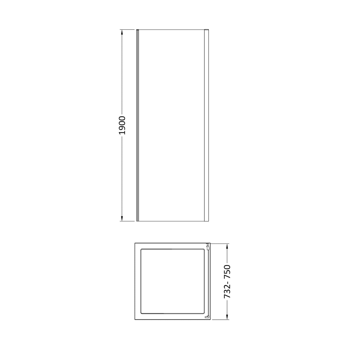 [BEETSP76BP] Almington 6mm Toughened Safety Glass Shower Side Panel - H: 1900mm - Choice of Size and Finish - Technical Drawing
