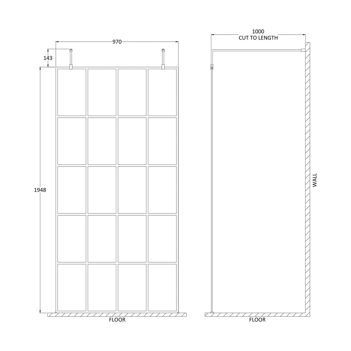 [BEFAF1000MB] Balterley Contemporary Bathroom 8mm Framed Wetroom Screen with Arms and Feet, Matt Black, 1950 x 700 x 14mm - Technical Drawing